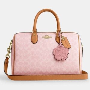 Coach Rowan Large Satchel Bag in Signature Canvas with charms powder pink